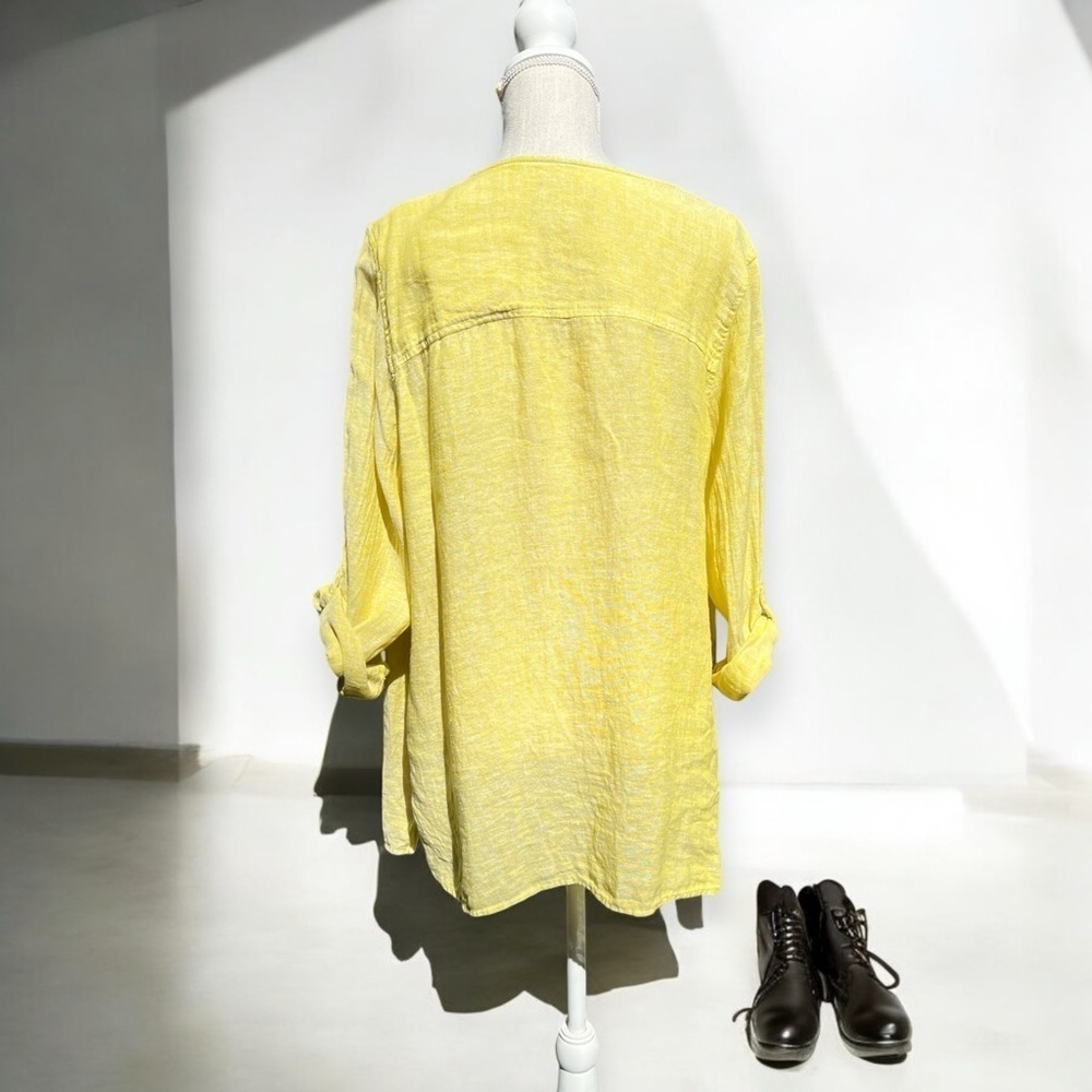 🌻Tahari Pear Color Linen Lagenlook Button Roll-Tab Tunic Blouse Size 1X - Picture 6 of 8